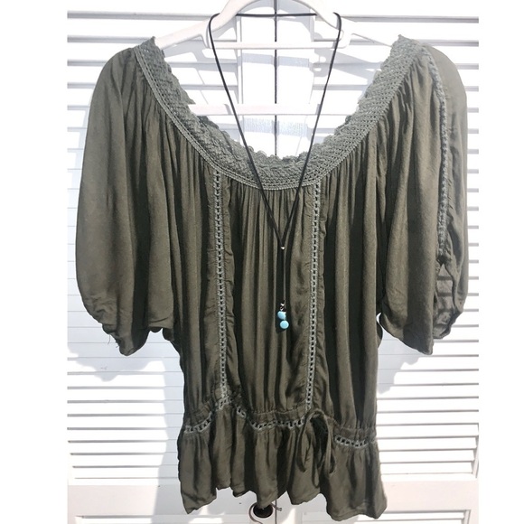 Pinky Olive Green Boho crochet Blouse Women’s Medium - Picture 1 of 6